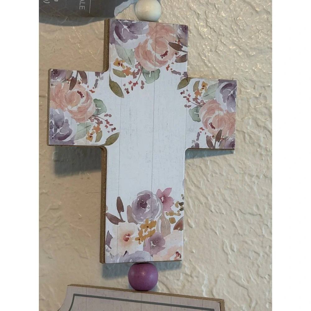 Special Moments Floral Pray Cross Wall Decor Lavender Pink Wood Bead Tassel 23in
